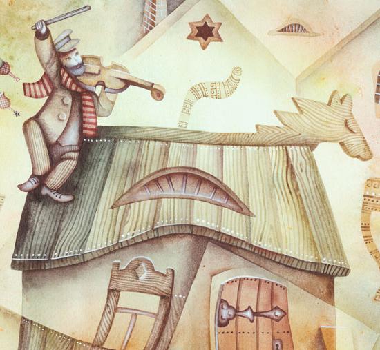 Graphic illustration artistically depicting 屋顶上的小提琴手